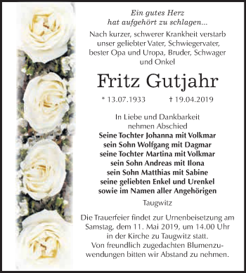 Traueranzeige von Fritz Gutjahr von WVG - Wochenspiegel NMB / WSF / ZTZ