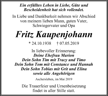 Traueranzeige von Fritz Kaupenjohann von Mitteldeutsche Zeitung Aschersleben