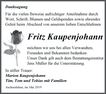 Traueranzeige von Fritz Kaupenjohann von Super Sonntag Aschersleben