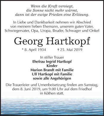 Traueranzeige von Georg Hartkopf von WVG - Wochenspiegel Dessau / Köthen