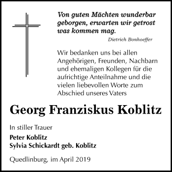 Traueranzeige von Georg Franziskus Koblitz von Mitteldeutsche Zeitung