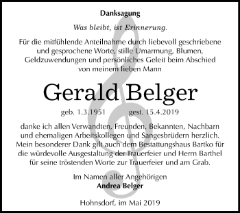 Traueranzeige von Gerald Belger von Mitteldeutsche Zeitung Köthen