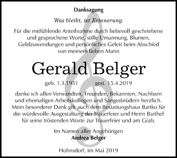 Traueranzeige von Gerald Belger von WVG - Wochenspiegel Dessau / Köthen