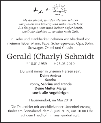 Traueranzeige von Gerald Charly Schmidt von WVG - Wochenspiegel Quedlinburg