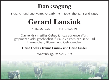 Traueranzeige von Gerard Lansink von WVG - Wochenspiegel Wittenberg