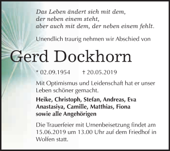 Traueranzeige von Gerd Dockhorn von WVG - Wochenspiegel Bitterfeld