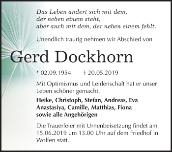 Traueranzeige von Gerd Dockhorn von Mitteldeutsche Zeitung Bitterfeld