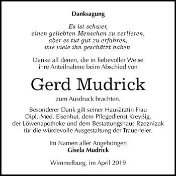 Traueranzeige von Gerd Mudrick von Mitteldeutsche Zeitung