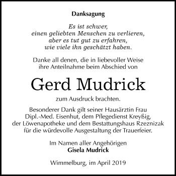 Traueranzeige von Gerd Mudrick von Super Sonntag SGH Mansf. Land