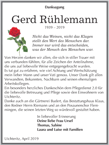 Traueranzeige von Gerd Rühlemann von Mitteldeutsche Zeitung Weißenfels