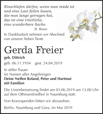 Traueranzeige von Gerda Freier von WVG - Wochenspiegel NMB / WSF / ZTZ