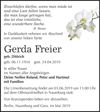 Traueranzeige von Gerda Freier von Mitteldeutsche Zeitung