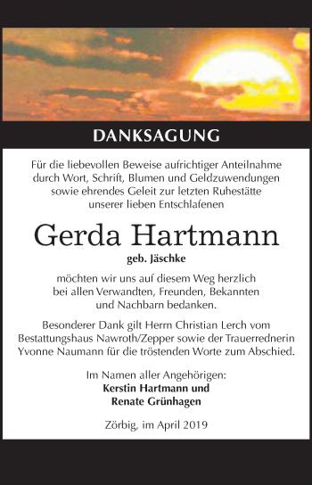 Traueranzeige von Gerda Hartmann von WVG - Wochenspiegel Bitterfeld