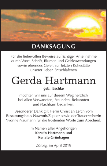 Traueranzeige von Gerda Hartmann von Mitteldeutsche Zeitung Bitterfeld