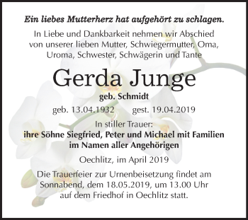 Traueranzeige von Gerda Junge von Mitteldeutsche Zeitung Merseburg/Querfurt