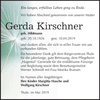 Traueranzeige von Gerda Kirschner von WVG - Wochenspiegel Quedlinburg