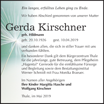 Traueranzeige von Gerda Kirschner von Mitteldeutsche Zeitung