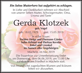 Traueranzeige von Gerda Klotzek von Mitteldeutsche Zeitung