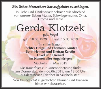Traueranzeige von Gerda Klotzek von WVG - Wochenspiegel Merseburg