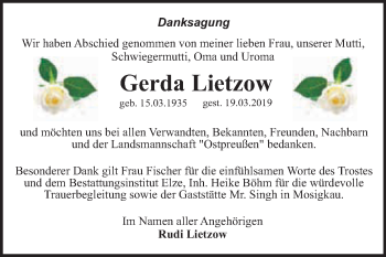 Traueranzeige von Gerda Lietzow von WVG - Wochenspiegel Dessau / Köthen