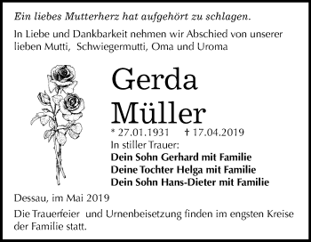 Traueranzeige von Gerda Müller von Mitteldeutsche Zeitung Dessau-Roßlau