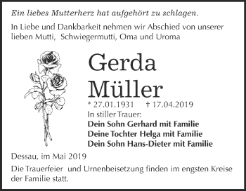 Traueranzeige von Gerda Müller von WVG - Wochenspiegel Dessau / Köthen