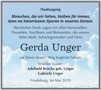 Traueranzeige von Gerda Unger von Wochenspiegel Mansfelder Land