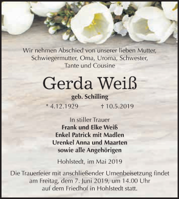 Traueranzeige von Gerda Weiß von Super Sonntag SGH Mansf. Land