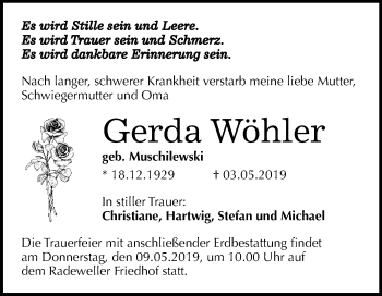 Traueranzeige von Gerda Wöhler von Mitteldeutsche Zeitung Halle/Saalkreis