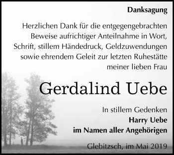 Traueranzeige von Gerdalind Uebe von WVG - Wochenspiegel Bitterfeld