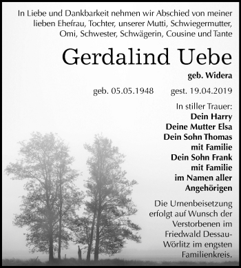 Traueranzeige von Gerdalind Uebe von Mitteldeutsche Zeitung Bitterfeld