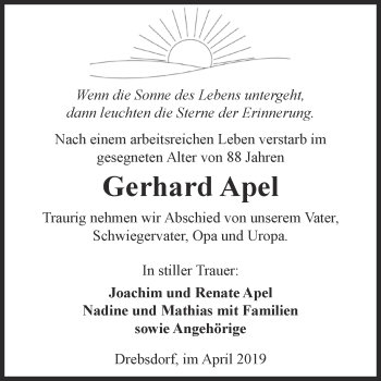 Traueranzeige von Gerhard Apel von Super Sonntag SGH Mansf. Land
