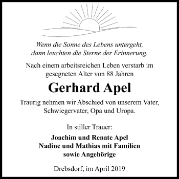 Traueranzeige von Gerhard Apel von Mitteldeutsche Zeitung Sangerhausen