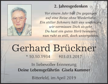 Traueranzeige von Gerhard Brückner von WVG - Wochenspiegel Bitterfeld