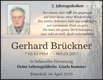 Traueranzeige von Gerhard Brückner von Mitteldeutsche Zeitung Bitterfeld