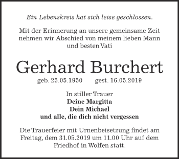Traueranzeige von Gerhard Burchert von WVG - Wochenspiegel Bitterfeld