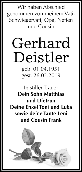 Traueranzeige von Gerhard Deistler von Mitteldeutsche Zeitung Dessau-Roßlau
