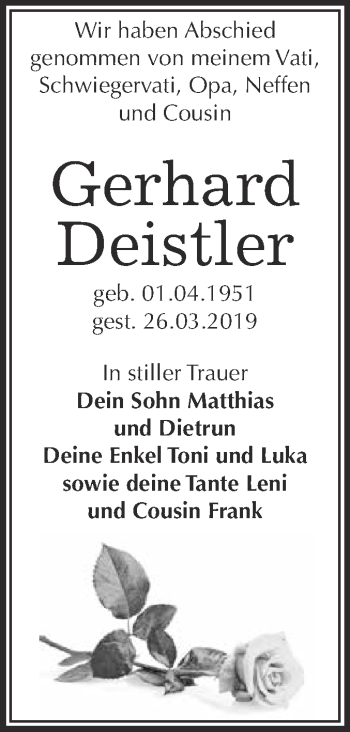 Traueranzeige von Gerhard Deistler von WVG - Wochenspiegel Dessau / Köthen