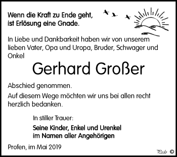 Traueranzeige von Gerhard Großer von WVG - Wochenspiegel NMB / WSF / ZTZ