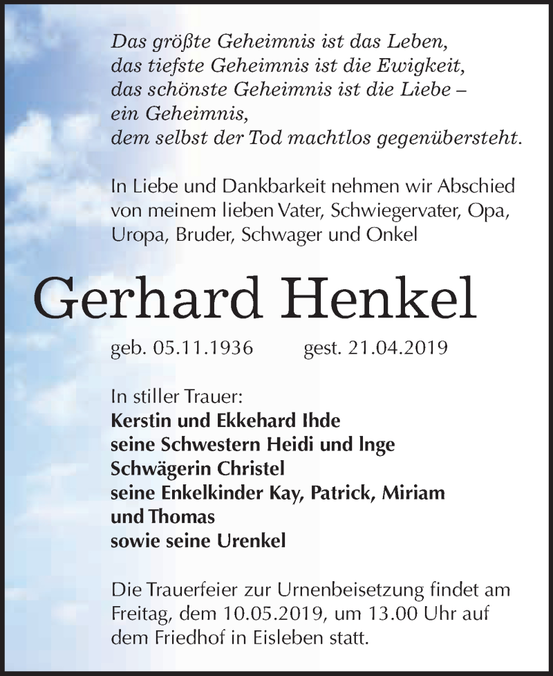  Traueranzeige für Gerhard Henkel vom 04.05.2019 aus Super Sonntag SGH Mansf. Land