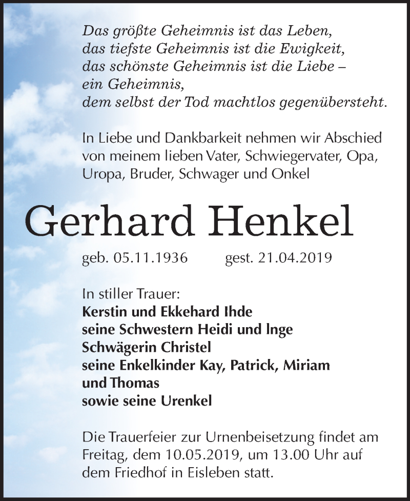  Traueranzeige für Gerhard Henkel vom 04.05.2019 aus Mitteldeutsche Zeitung