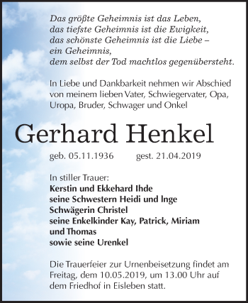 Traueranzeige von Gerhard Henkel von Mitteldeutsche Zeitung