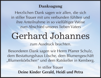 Traueranzeige von Gerhard Johannes von Mitteldeutsche Zeitung