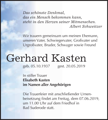 Traueranzeige von Gerhard Kasten von WVG - Wochenspiegel Quedlinburg