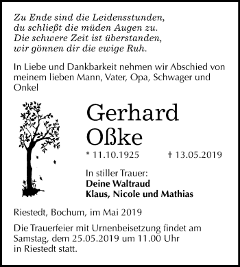 Traueranzeige von Gerhard Oßke von Mitteldeutsche Zeitung Sangerhausen