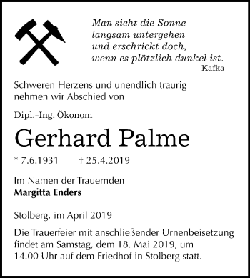 Traueranzeige von Gerhard Palme von Super Sonntag SGH Mansf. Land