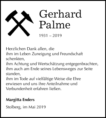 Traueranzeige von Gerhard Palme von Super Sonntag SGH Mansf. Land
