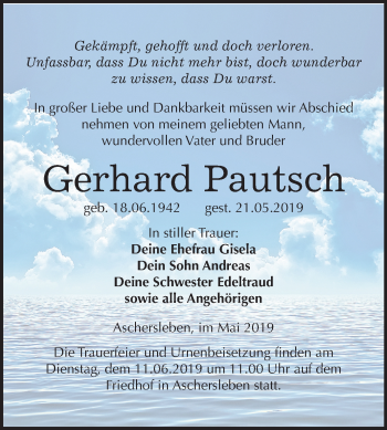 Traueranzeige von Gerhard Pautsch von Mitteldeutsche Zeitung Aschersleben