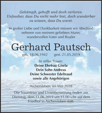 Traueranzeige von Gerhard Pautsch von Super Sonntag Aschersleben