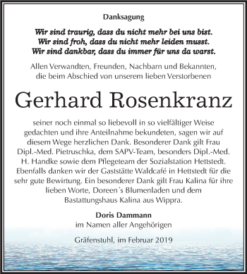Traueranzeige von Gerhard Rosenkranz von Mitteldeutsche Zeitung Mansfelder Land